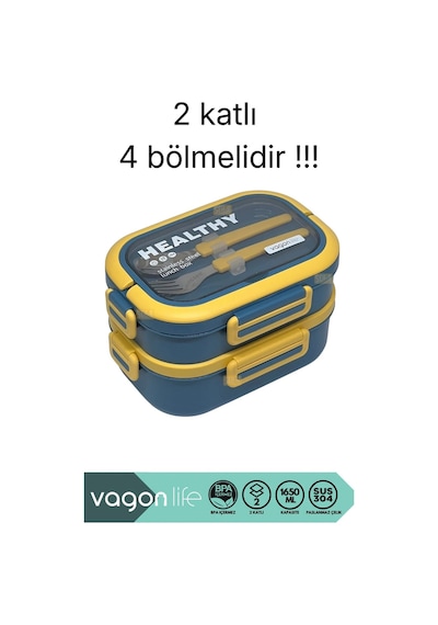 Vagonlife Bento 1650ml Paslanmaz Çelik 2 Katlı 4 Bölmeli Çatal Ve Kaşıklı Yemek Kutusu Lacivert Beyaz Vagonlife Bento 1650ml Paslanmaz Çelik 2 Katlı 4 Bölmeli Çatal Ve Kaşıklı Yemek Kutusu Lacivert Beyaz