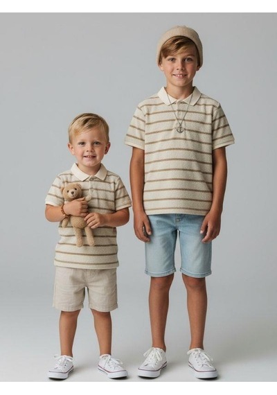 Zekids Erkek Çocuk Yakalı Yarım Kollu Düğmeli Triko T-shirt-16804 Bej