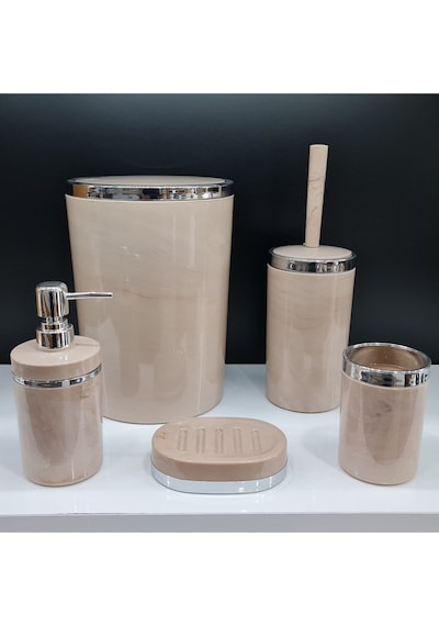 5 Parça Akrilik Yuvarlak Banyo Seti Somon Mermer Gümüş Kromaj Somon