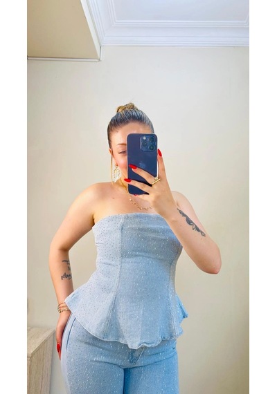 Elora Atelier Taşlı Peplum Straplez Denim İkili Takım Çok Renkli