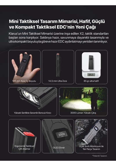Klarus Flattac X2 Ultra İnce 3000 Lümen Taktik El Feneri Siyah