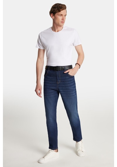 Tudors Erkek Straight Fit Bol Kesim Denim Yıkamalı Efektli Esnek Lacivert Jean Kot Pantolon-34088 Lacivert