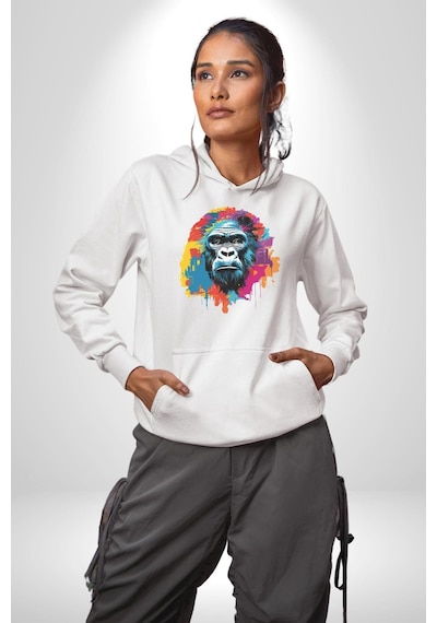Renkli Maymun Goril Kadın Erkek Beyaz Kapüşonlu Sweatshirt Hoodie Beyaz