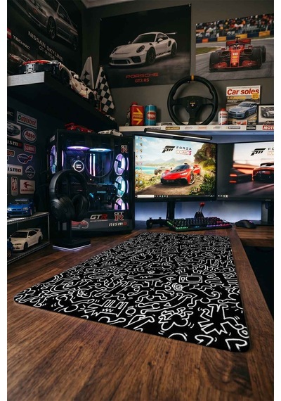 Siyah Beyaz Doodle Figürler 40x90 Cm Oyuncu Mousepad Kaymaz Taban Büyük Boy Mousepad