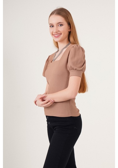Hiccup Bdart Slim Fit Kare Yaka Bluz Deve Kahvesi