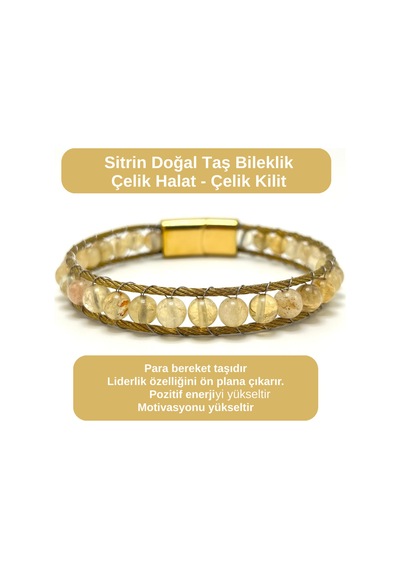Sertifikalı Sitrin 6mm Doğal Taş Bileklik Çelik Halat Çelik Kilit Çok Renkli