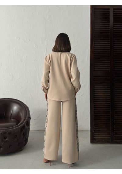 Verymoda Şerit Detaylı Scuba Süet Pantolon F1972 Taş