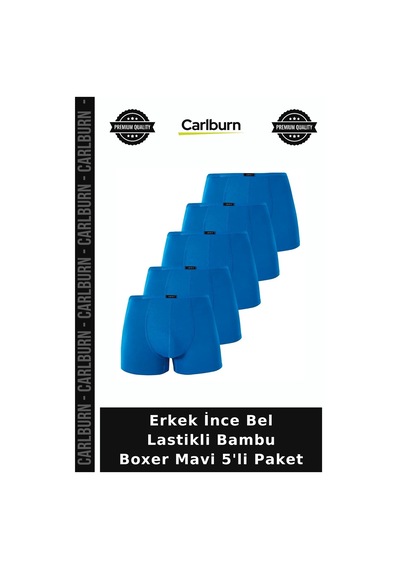 Carlburn Premium Erkek İnce Bel Lastikli Bambu Boxer Mavi 5'li Paket Tarz Hediye Nefes Alan Saks