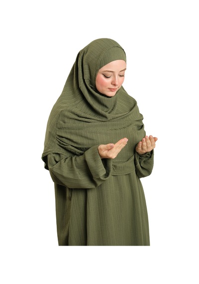 Hürrem Bone 2 Parça Namaz Elbisesi Dokuma Kendinden Desenli 2502 09 Haki