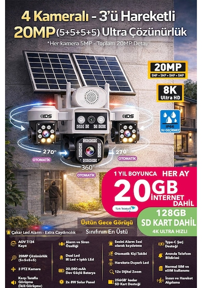 3 Otomatik 20mp 4 Kamera Solar 4g Güneş Enerjili Güvenlik Kamerası 128gb Sd Kart Ve 20gb İnternet