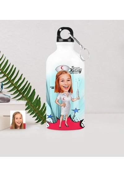 Kişiye Özel Hemşire Karikatürlü Metal Suluk (500 Ml.) 1