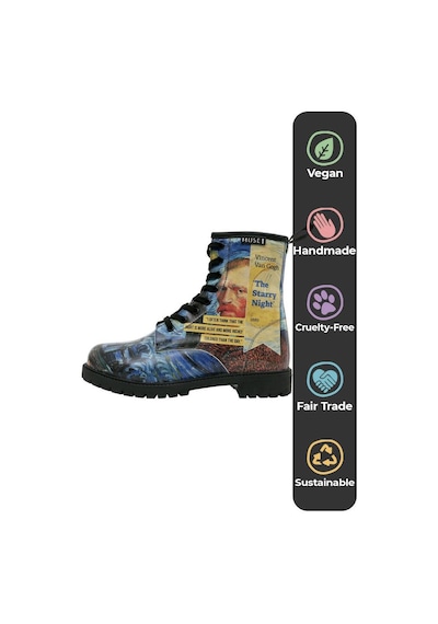 Kadın Vegan Deri Mavi Uzun Bot - Vincent Van Gogh The Starry Night Collage Muse Tasarım Multicolor