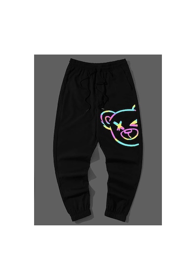 Tarzsokak Reflective Cartoon Graphic Drawstring Waist Pants Siyah