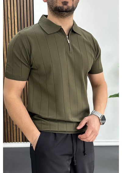 Erkek Slim Fit Fermuarlı Polo Yaka Tişört Haki Edw452 Haki