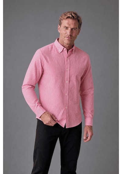Bisse Pembe Regular Fit Pamuk Keten Uzun Paşa Yaka Gömlek Gmktn250006 C29