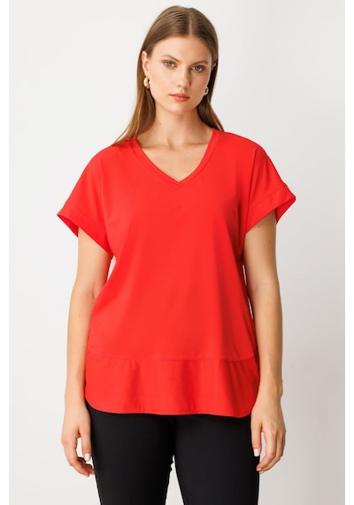 On Kadın Büyük Beden V Yaka Parçalı T-shirt 71476 Mercan