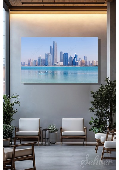 Abu Dabi'nin Sahil Siluetini Skyline Gösteren Bir Manzara Yatay Kanvas Tablo 4593 Çok Renkli