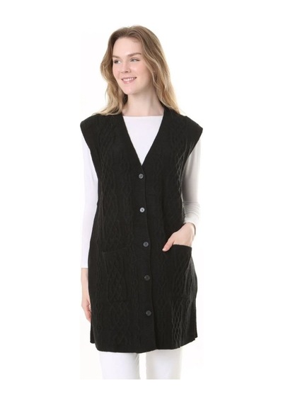 Fresh & Moda Kadın Yün Kışlık Anne Uzun Triko Yelek Lacivert