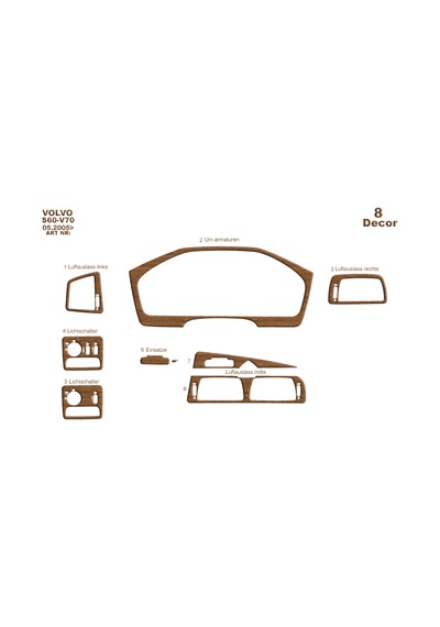Volvo S60 / V70 Uyumlu Torpido Kaplama 2005-2009 8 Parça Açık Meşe