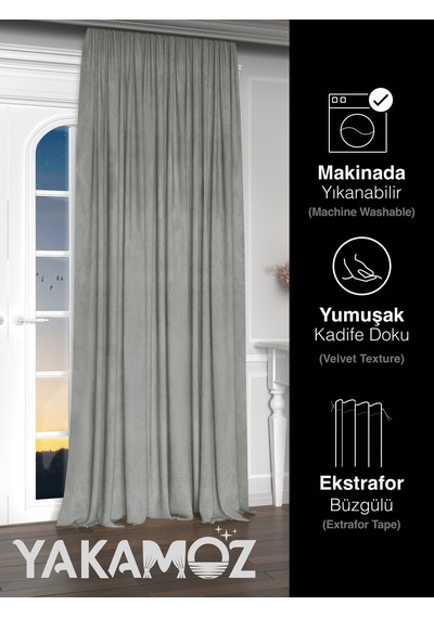 Yakamoz Kadife Görünüm Açık Gri Ada Fon Perde Ekstraforlu Velvet Touch Serisi Açık Gri