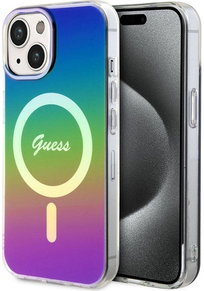 Apple Uyumlu iPhone 15 Plus Kılıf Guess Lisanslı Magsafe Şarj Özellik Yazı Logolu Iridescent