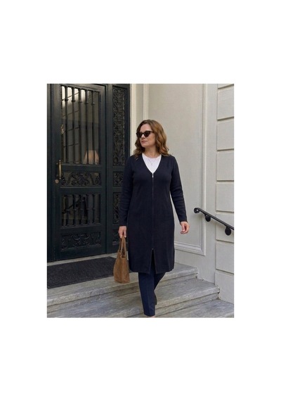 Onno Style Women V Yaka Çelik Örgü Uzun Triko Ceket Lacivert