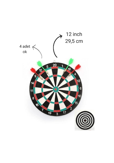 12 İnç Dart Tahtası Mini Boy Çift Taraflı Dart Oyun Seti 4 Oklu