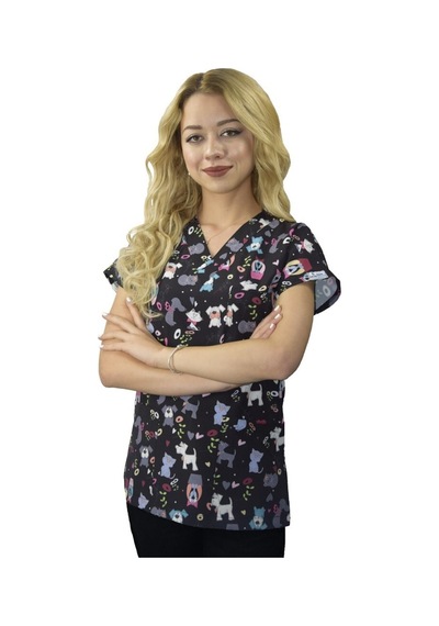 Unisex Sevimli Dostlar Desenli Doktor Hemşire Veteriner Cerrahi Tek Üst Scrubs Üniforma Siyah Siyah