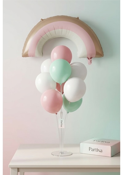 Retro Gökkuşağı Pembe Balon Stand Seti Şeffaf 7 Li Stand + Retro Gökkuşağı Folyo Balon 81 44 Cm + 7 Lateks Balon