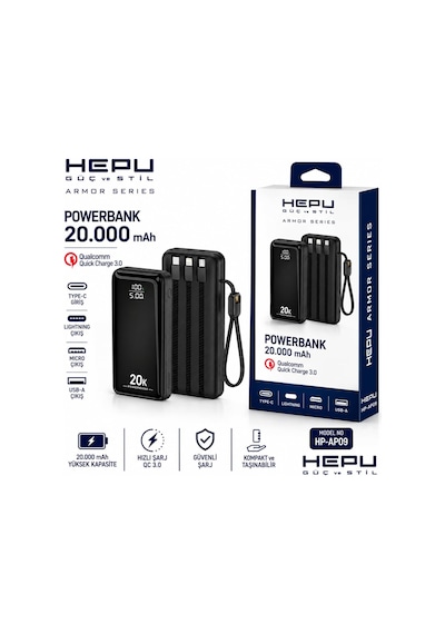 Hp-ap09 Armor Series 20.000 Mah Dahili Kablolu Qualcomm Quick Charge 3.0 Dijital Ekranlı Hızlı Şarj Powerbank - Siyah