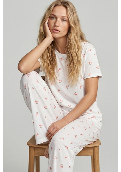 Siyah İnci İnce Soft Örme Mevsimlik Pijama Takımı 8003 Somon Çiçekli Kalp