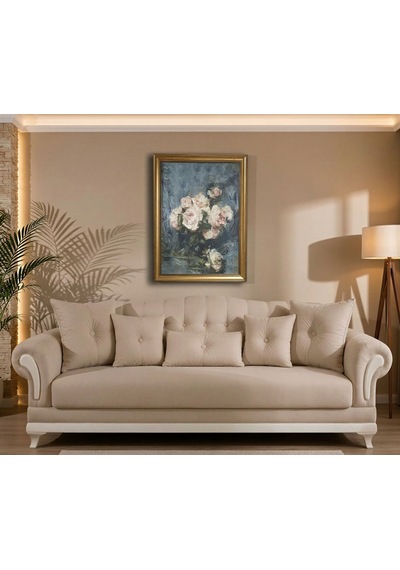 Antika Gold Çerçeveli Pastel Tonlu Mavi Güller Tablosu - Vintage Salon Duvar Dekoru 80x60 Cm