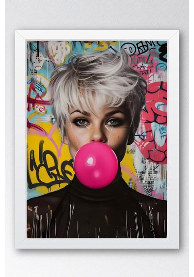Pembe Sakız Balonu Patlatan Kadın Grafiti Çerçeveli Tablo - Pop Art Poster Tablo