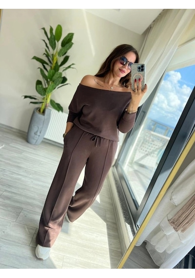 Valensdesign Kadın Uzun Kollu Tek Omuzdan Açık Modal Bluz Ve Pantolon Ikili Takım Kahve