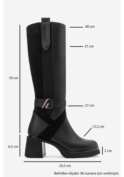 Luvi Shoes Cube Siyah Cilt Süet Tokalı Kadın Kalın Topuklu Çizme