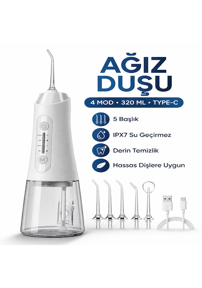 Şarjlı Ağız Duşu 320ml Su Hazneli 4 Modlu Ipx7 Su Geçirmez Type-c Ağız İçi Temizleme Cihazı 5 Başlıklı