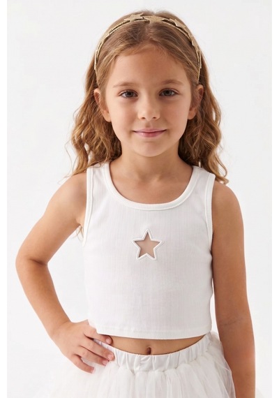 Le Mabelle Beyaz Yıldız Nakışlı Fitilli Askılı Kız Çocuk Crop Bluz - Cindy Beyaz
