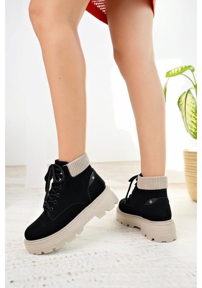 Nesil Shoes Mugo 504 Siyah Süet Bağcıklı Kadın Bot-siyah Süet Siyah