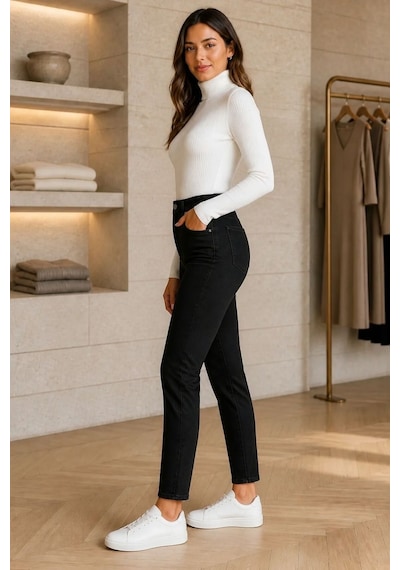 Woddi Çınar Kadın Siyah Mom Likralı Jean Kot Pantolon New-2