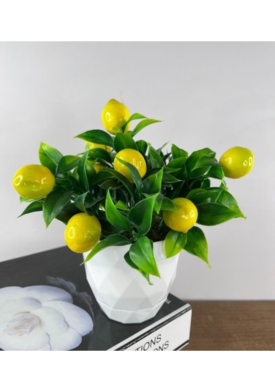 Yapay Çiçek Beyaz Saksıda Limon Demeti Dekoratif Masa Çiçeği