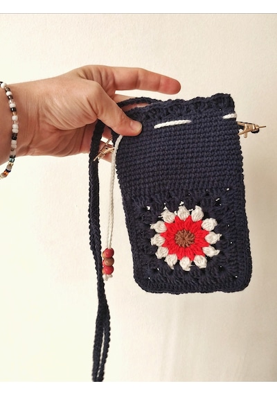 Kemzey Handmade Çiçekli Telefon Çantası, Motifli Tığ İşi Telefonluk, El Yapımı Telefon Kılıfları Kırmızı - Lacivert
