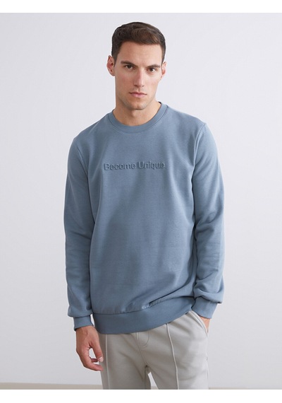 Lcwaıkıkı Classic İndigo Bisiklet Yaka Baskılı Erkek Sweatshirt