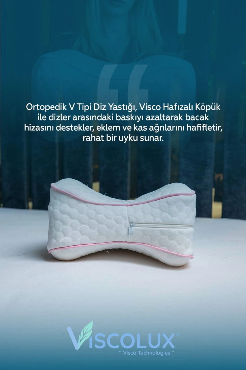 Diz Arası Ortopedik Yastık - V Model Diz Arası Yastık Visco Yastık 25x25x15 Pembe