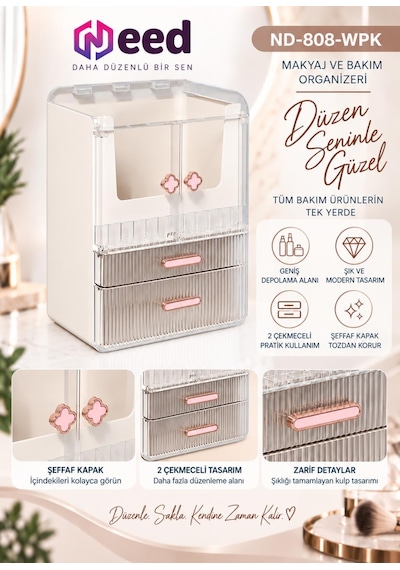 Need Yonca Kulplu Dolap Tasarımlı Çekmeceli Makyaj Ve Kozmetik Organizeri Beyaz / Pembe Kulp Nd-808-wpk