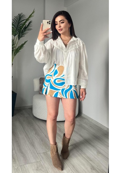 Desenli Önden Yırtmaçlı Şort Etek Çok Renkli