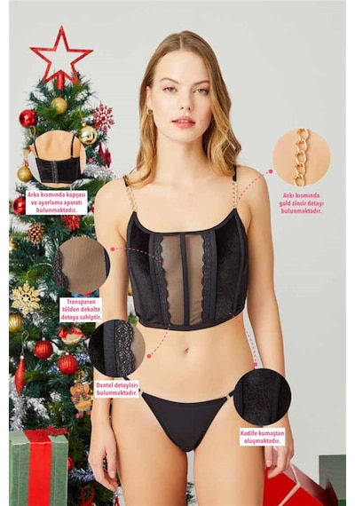 Cottonhill Cottonhıll Ayarlanabilir Lastikli Tül Detaylı Kadın Kadife Bralet Siyah