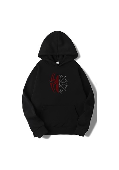 Brz Collection Unisex Oversize Taş Baskılı Spider Hoodie Siyah