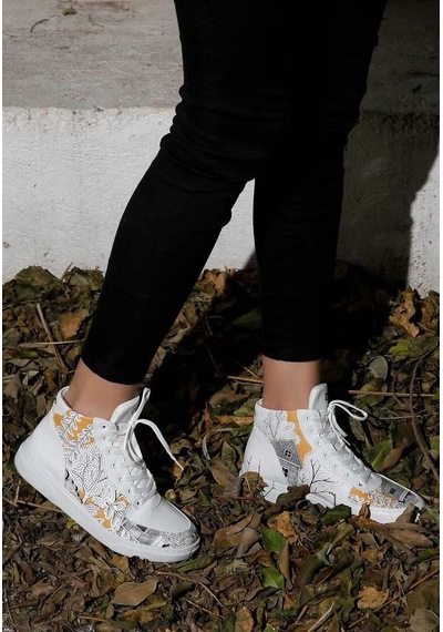 Kadın Vegan Deri Beyaz High Sneakers - There You Are Tasarım Çok Renkli
