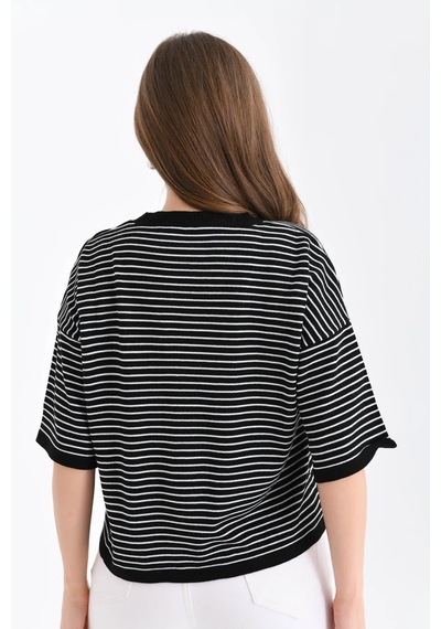Park Karon Kadın Bisiklet Yaka Çizgili Oversize Triko Kazak 10160 Siyah