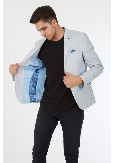 Sposo 5123 Dar Kalıp Keten Buz Mavisi Erkek Blazer Ceket Mavi